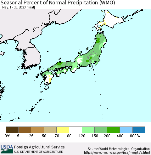 Japan Seasonal Percent of Normal Precipitation (WMO) Thematic Map For 5/1/2023 - 5/31/2023