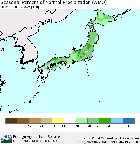 Japan Seasonal Percent of Normal Precipitation (WMO) Thematic Map For 5/1/2023 - 6/10/2023