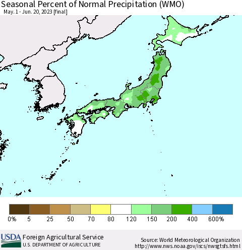 Japan Seasonal Percent of Normal Precipitation (WMO) Thematic Map For 5/1/2023 - 6/20/2023