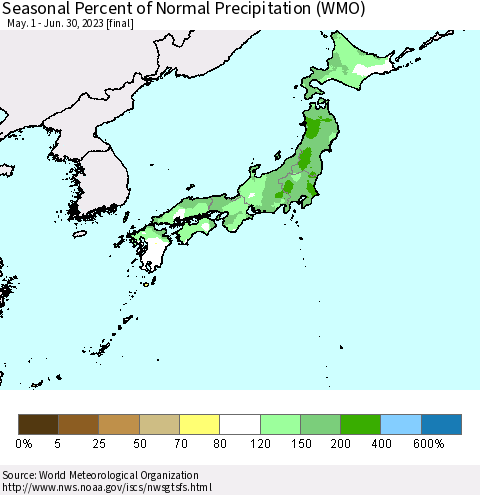 Japan Seasonal Percent of Normal Precipitation (WMO) Thematic Map For 5/1/2023 - 6/30/2023
