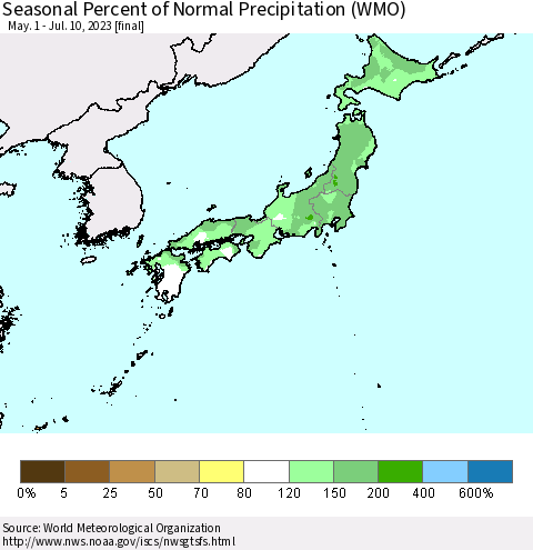 Japan Seasonal Percent of Normal Precipitation (WMO) Thematic Map For 5/1/2023 - 7/10/2023