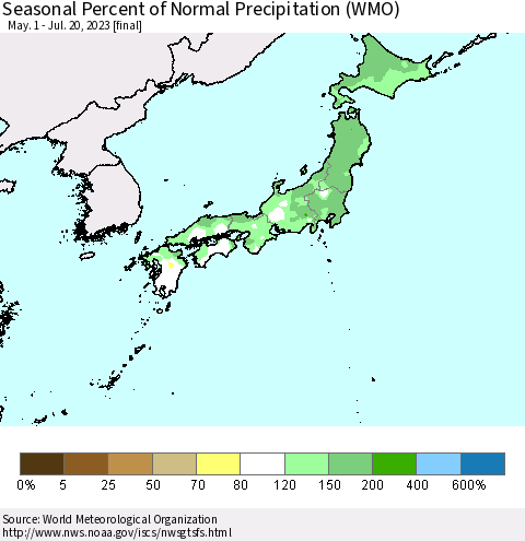 Japan Seasonal Percent of Normal Precipitation (WMO) Thematic Map For 5/1/2023 - 7/20/2023