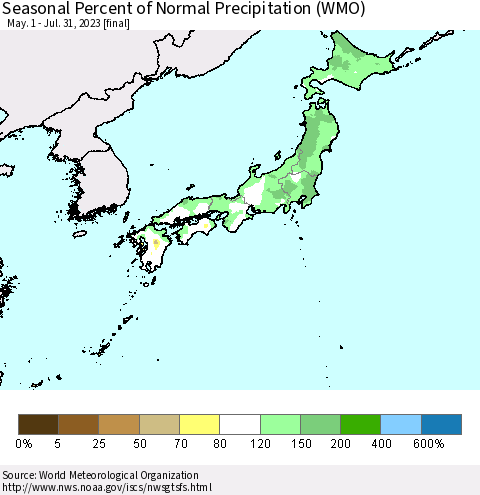 Japan Seasonal Percent of Normal Precipitation (WMO) Thematic Map For 5/1/2023 - 7/31/2023