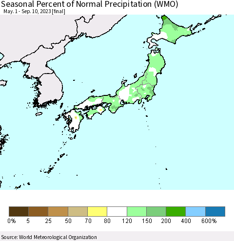 Japan Seasonal Percent of Normal Precipitation (WMO) Thematic Map For 5/1/2023 - 9/10/2023