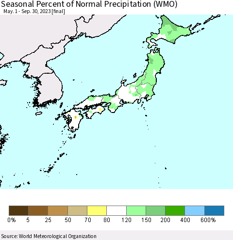 Japan Seasonal Percent of Normal Precipitation (WMO) Thematic Map For 5/1/2023 - 9/30/2023