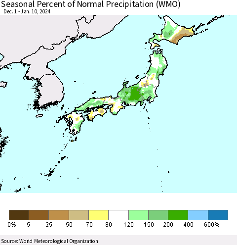 Japan Seasonal Percent of Normal Precipitation (WMO) Thematic Map For 12/1/2023 - 1/10/2024