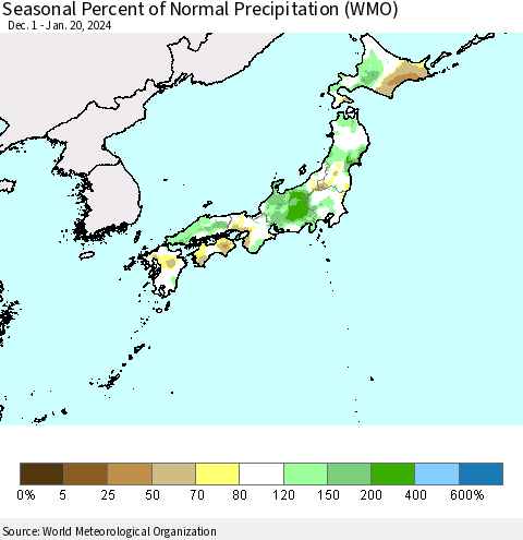 Japan Seasonal Percent of Normal Precipitation (WMO) Thematic Map For 12/1/2023 - 1/20/2024