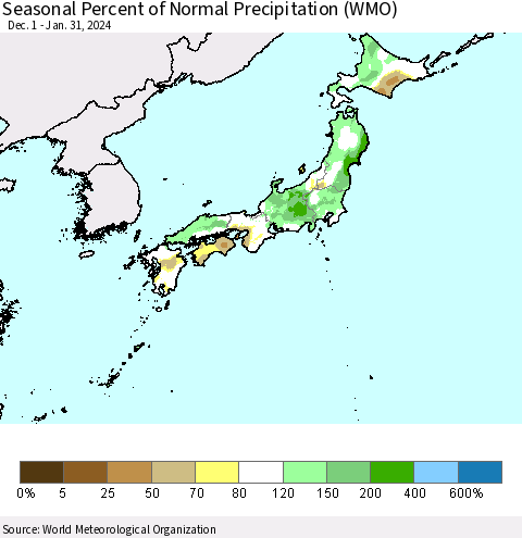 Japan Seasonal Percent of Normal Precipitation (WMO) Thematic Map For 12/1/2023 - 1/31/2024