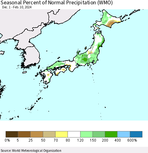 Japan Seasonal Percent of Normal Precipitation (WMO) Thematic Map For 12/1/2023 - 2/10/2024