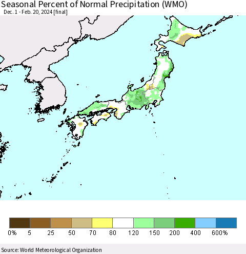 Japan Seasonal Percent of Normal Precipitation (WMO) Thematic Map For 12/1/2023 - 2/20/2024