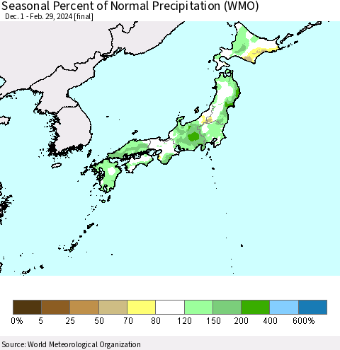 Japan Seasonal Percent of Normal Precipitation (WMO) Thematic Map For 12/1/2023 - 2/29/2024