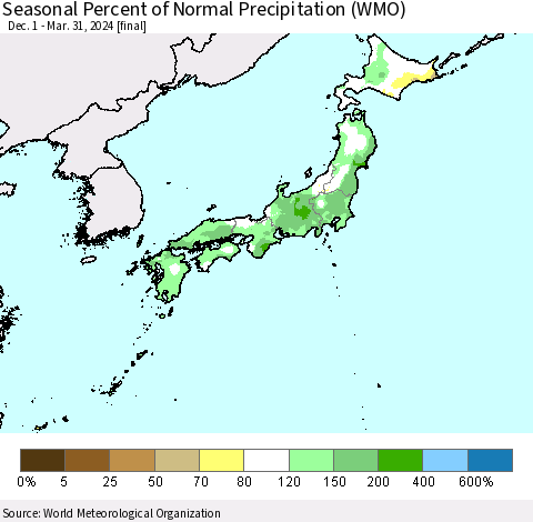 Japan Seasonal Percent of Normal Precipitation (WMO) Thematic Map For 12/1/2023 - 3/31/2024