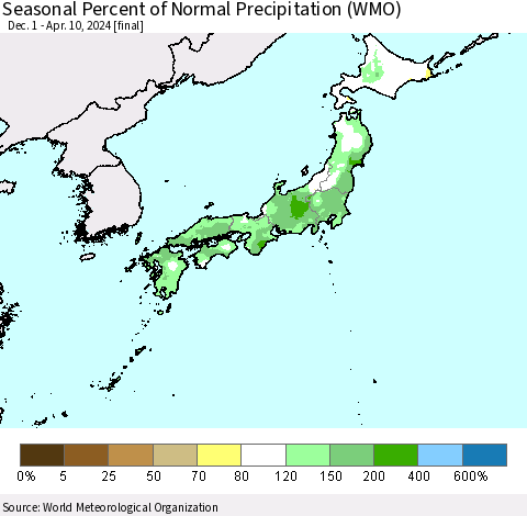 Japan Seasonal Percent of Normal Precipitation (WMO) Thematic Map For 12/1/2023 - 4/10/2024