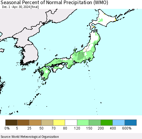 Japan Seasonal Percent of Normal Precipitation (WMO) Thematic Map For 12/1/2023 - 4/30/2024