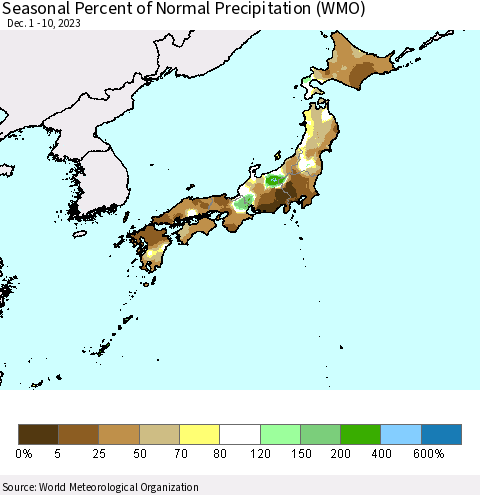 Japan Seasonal Percent of Normal Precipitation (WMO) Thematic Map For 12/1/2023 - 12/10/2023