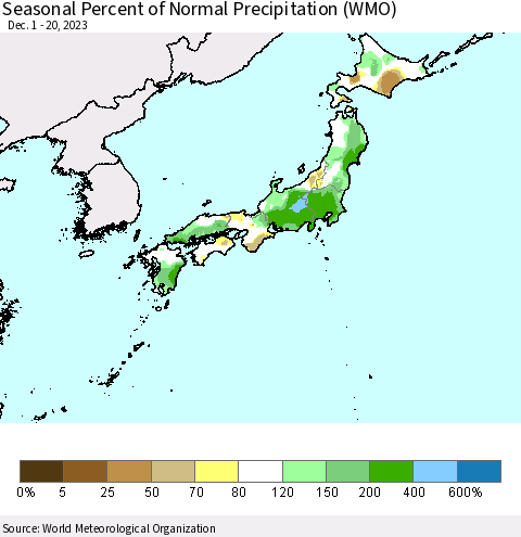 Japan Seasonal Percent of Normal Precipitation (WMO) Thematic Map For 12/1/2023 - 12/20/2023