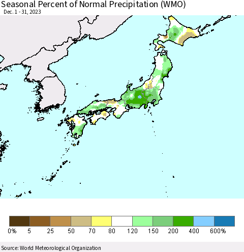 Japan Seasonal Percent of Normal Precipitation (WMO) Thematic Map For 12/1/2023 - 12/31/2023