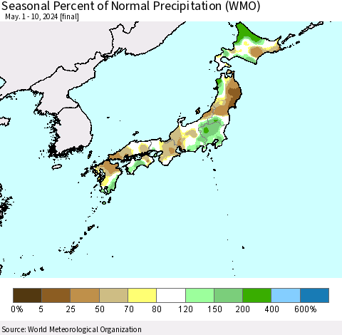 Japan Seasonal Percent of Normal Precipitation (WMO) Thematic Map For 5/1/2024 - 5/10/2024