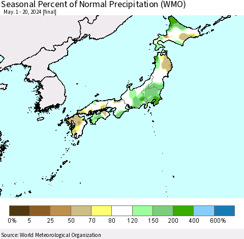 Japan Seasonal Percent of Normal Precipitation (WMO) Thematic Map For 5/1/2024 - 5/20/2024