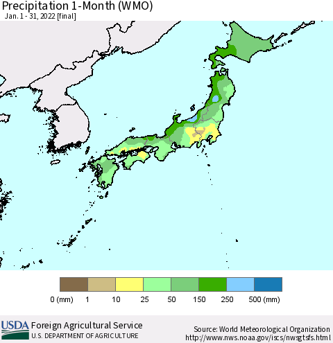 Japan Precipitation 1-Month (WMO) Thematic Map For 1/1/2022 - 1/31/2022