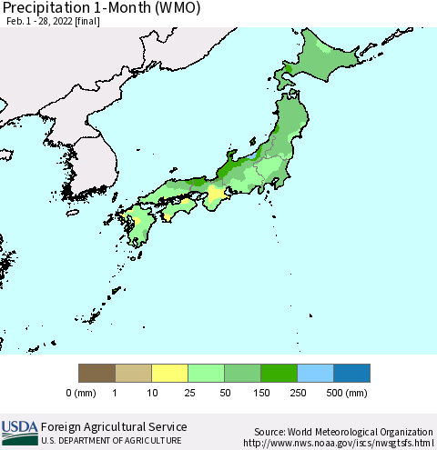 Japan Precipitation 1-Month (WMO) Thematic Map For 2/1/2022 - 2/28/2022