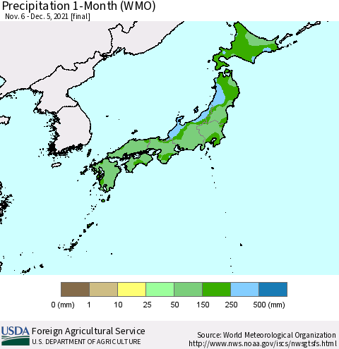 Japan Precipitation 1-Month (WMO) Thematic Map For 11/6/2021 - 12/5/2021