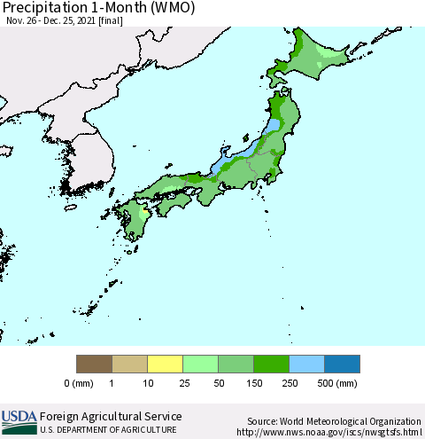Japan Precipitation 1-Month (WMO) Thematic Map For 11/26/2021 - 12/25/2021