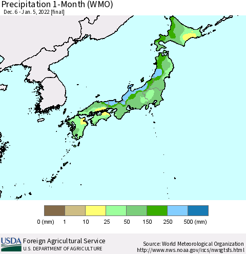 Japan Precipitation 1-Month (WMO) Thematic Map For 12/6/2021 - 1/5/2022