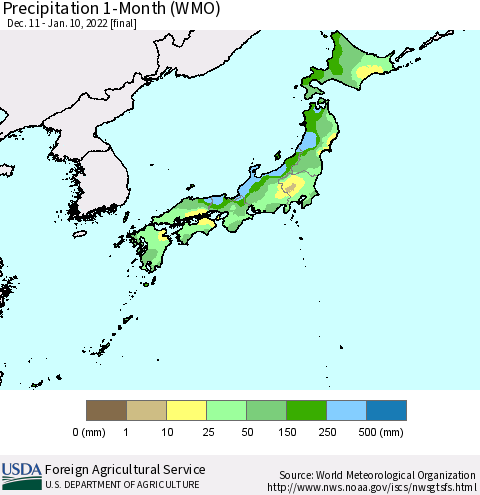 Japan Precipitation 1-Month (WMO) Thematic Map For 12/11/2021 - 1/10/2022