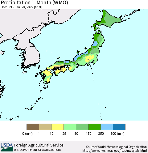 Japan Precipitation 1-Month (WMO) Thematic Map For 12/21/2021 - 1/20/2022