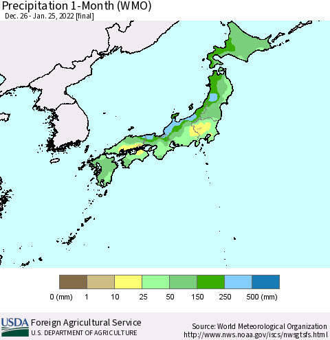 Japan Precipitation 1-Month (WMO) Thematic Map For 12/26/2021 - 1/25/2022