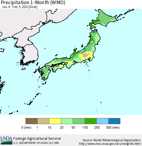 Japan Precipitation 1-Month (WMO) Thematic Map For 1/6/2022 - 2/5/2022
