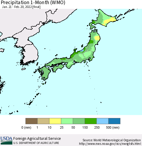 Japan Precipitation 1-Month (WMO) Thematic Map For 1/21/2022 - 2/20/2022