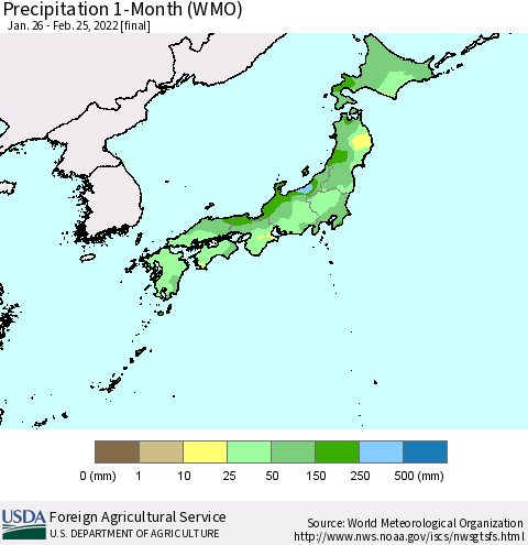 Japan Precipitation 1-Month (WMO) Thematic Map For 1/26/2022 - 2/25/2022
