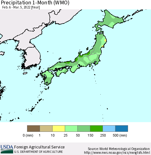 Japan Precipitation 1-Month (WMO) Thematic Map For 2/6/2022 - 3/5/2022