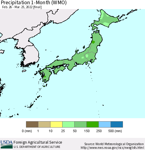Japan Precipitation 1-Month (WMO) Thematic Map For 2/26/2022 - 3/25/2022