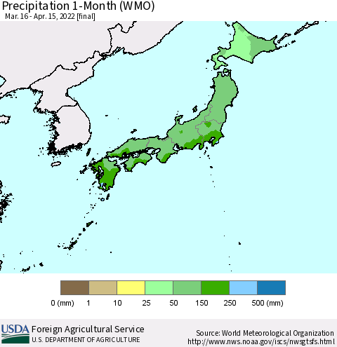 Japan Precipitation 1-Month (WMO) Thematic Map For 3/16/2022 - 4/15/2022