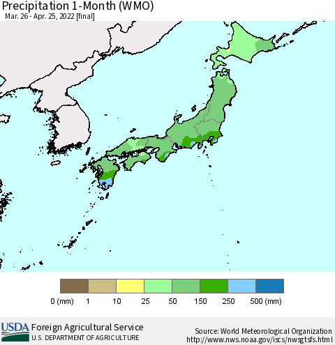 Japan Precipitation 1-Month (WMO) Thematic Map For 3/26/2022 - 4/25/2022