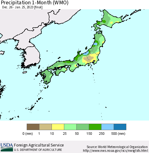Japan Precipitation 1-Month (WMO) Thematic Map For 12/26/2022 - 1/25/2023