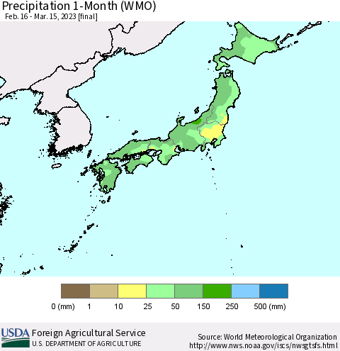 Japan Precipitation 1-Month (WMO) Thematic Map For 2/16/2023 - 3/15/2023