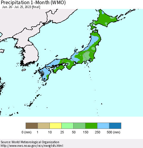 Japan Precipitation 1-Month (WMO) Thematic Map For 6/26/2023 - 7/25/2023