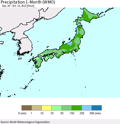 Japan Precipitation 1-Month (WMO) Thematic Map For 9/26/2023 - 10/25/2023