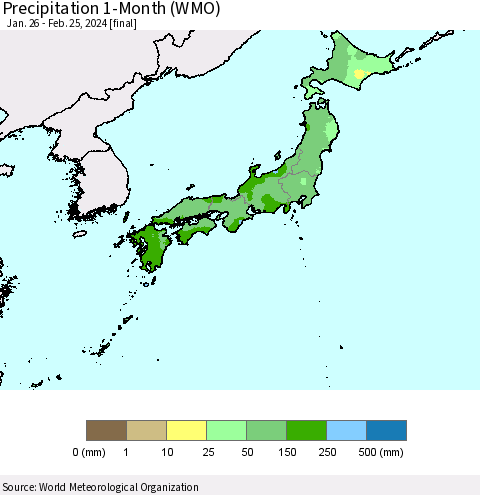Japan Precipitation 1-Month (WMO) Thematic Map For 1/26/2024 - 2/25/2024