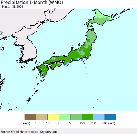 Japan Precipitation 1-Month (WMO) Thematic Map For 3/1/2024 - 3/31/2024