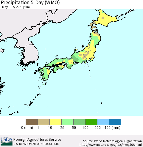 Japan Precipitation 5-Day (WMO) Thematic Map For 5/1/2021 - 5/5/2021