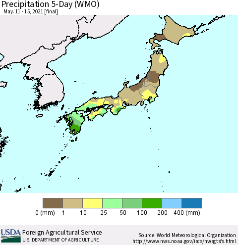 Japan Precipitation 5-Day (WMO) Thematic Map For 5/11/2021 - 5/15/2021