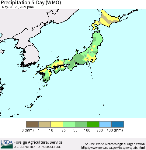 Japan Precipitation 5-Day (WMO) Thematic Map For 5/21/2021 - 5/25/2021