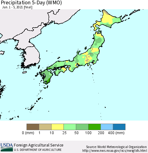Japan Precipitation 5-Day (WMO) Thematic Map For 6/1/2021 - 6/5/2021