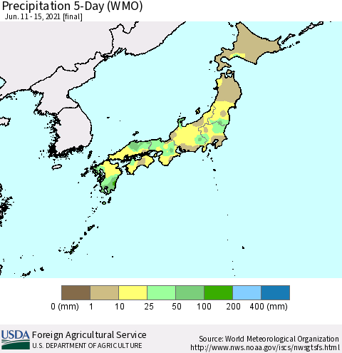Japan Precipitation 5-Day (WMO) Thematic Map For 6/11/2021 - 6/15/2021
