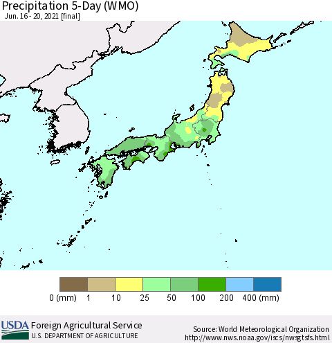 Japan Precipitation 5-Day (WMO) Thematic Map For 6/16/2021 - 6/20/2021